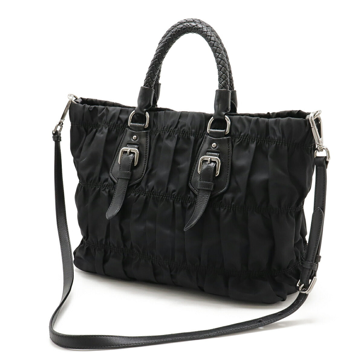 Prada Gathered 2Way Handbag Leather Nylon Travel Bag