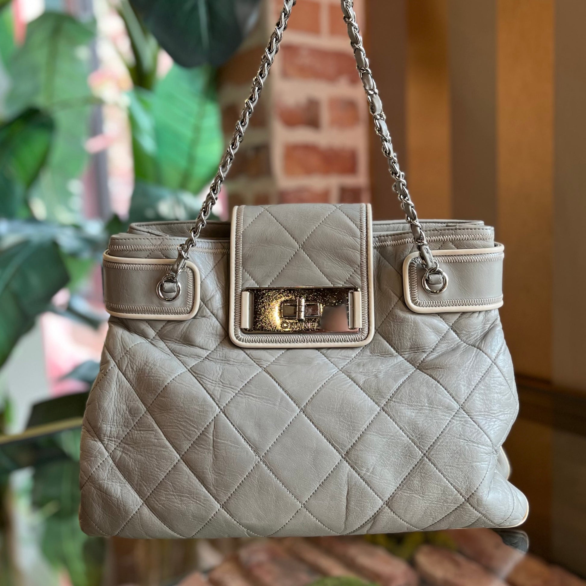 Chanel Reissue Accordion Gray Lambskin Quilted North South Tote Bag