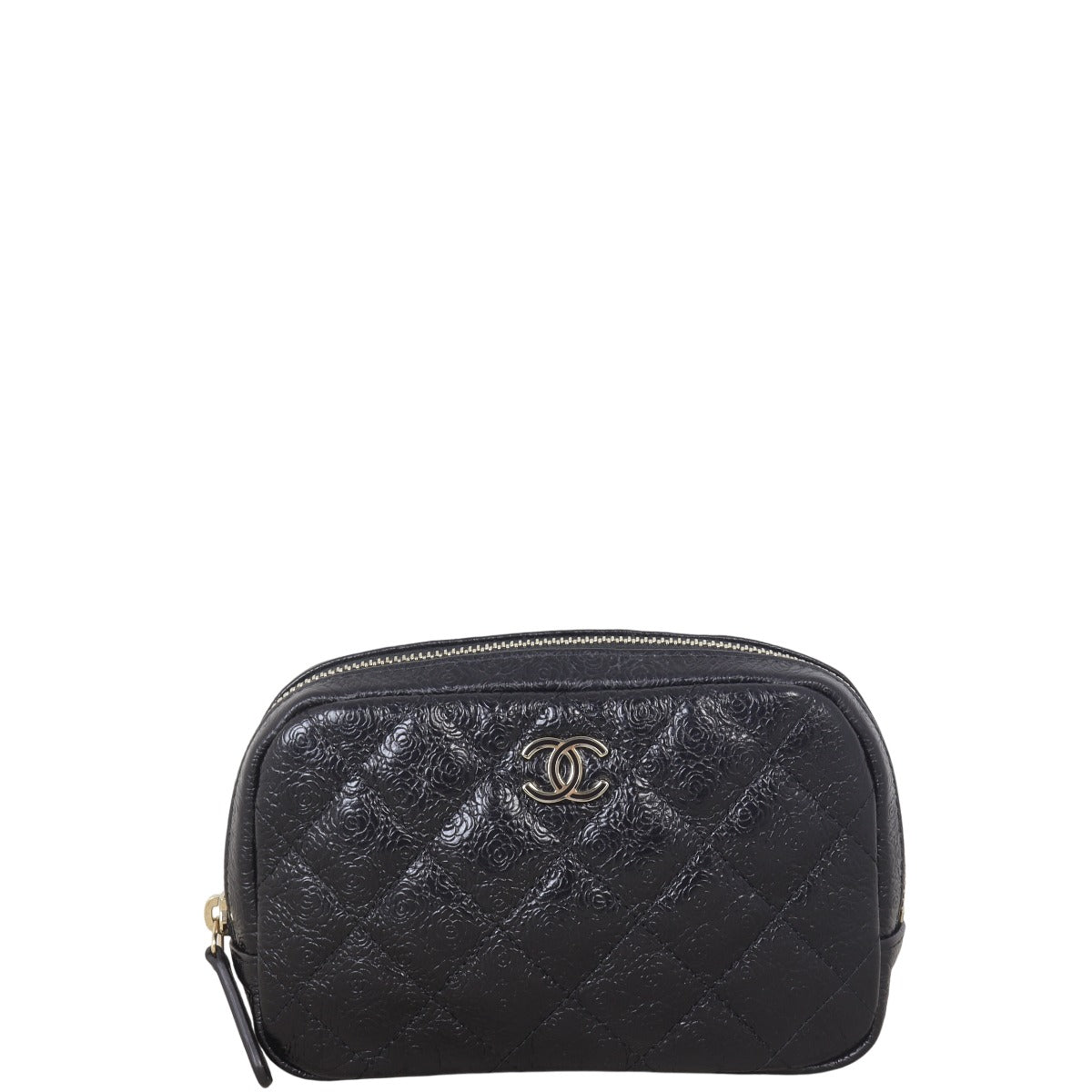 Chanel Camellia Curvy Cosmetic Case Small Handbag Quilted Black Mini Bag