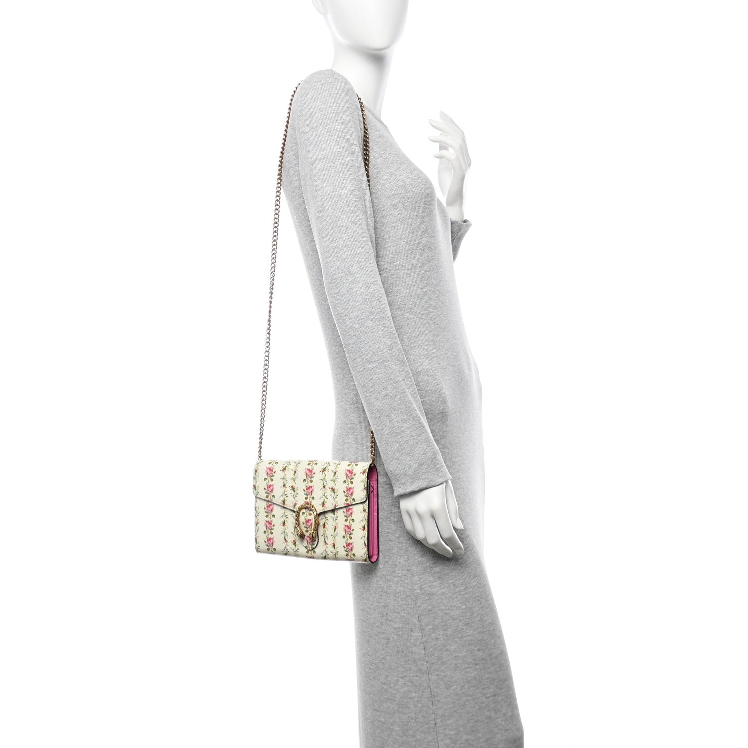 Gucci Calfskin Floral Print Mini Dionysus Chain Wallet Ivory Pink