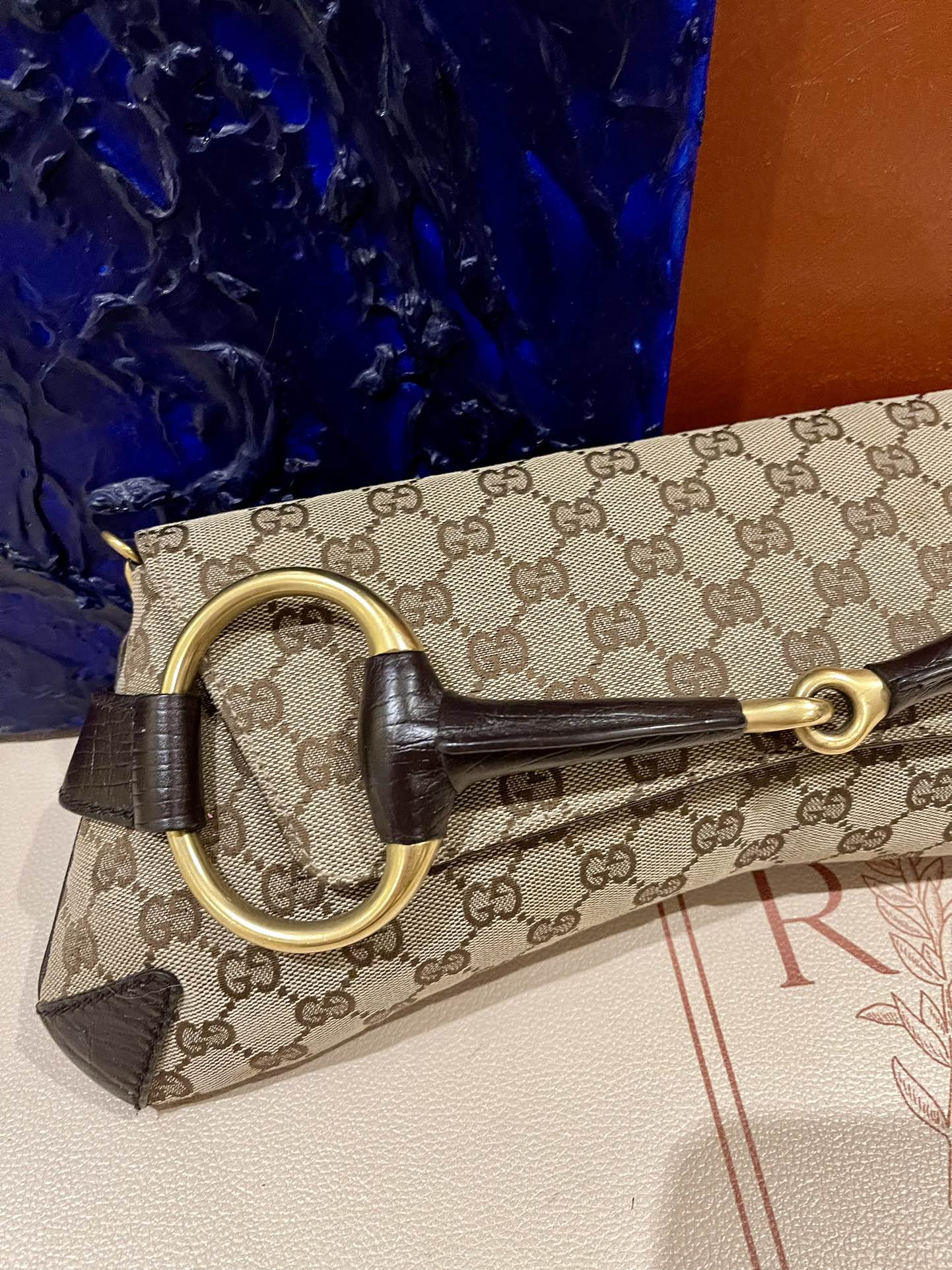 Gucci Horsebit Cloth Monogram Leather Brown Beige Shoulder Bag
