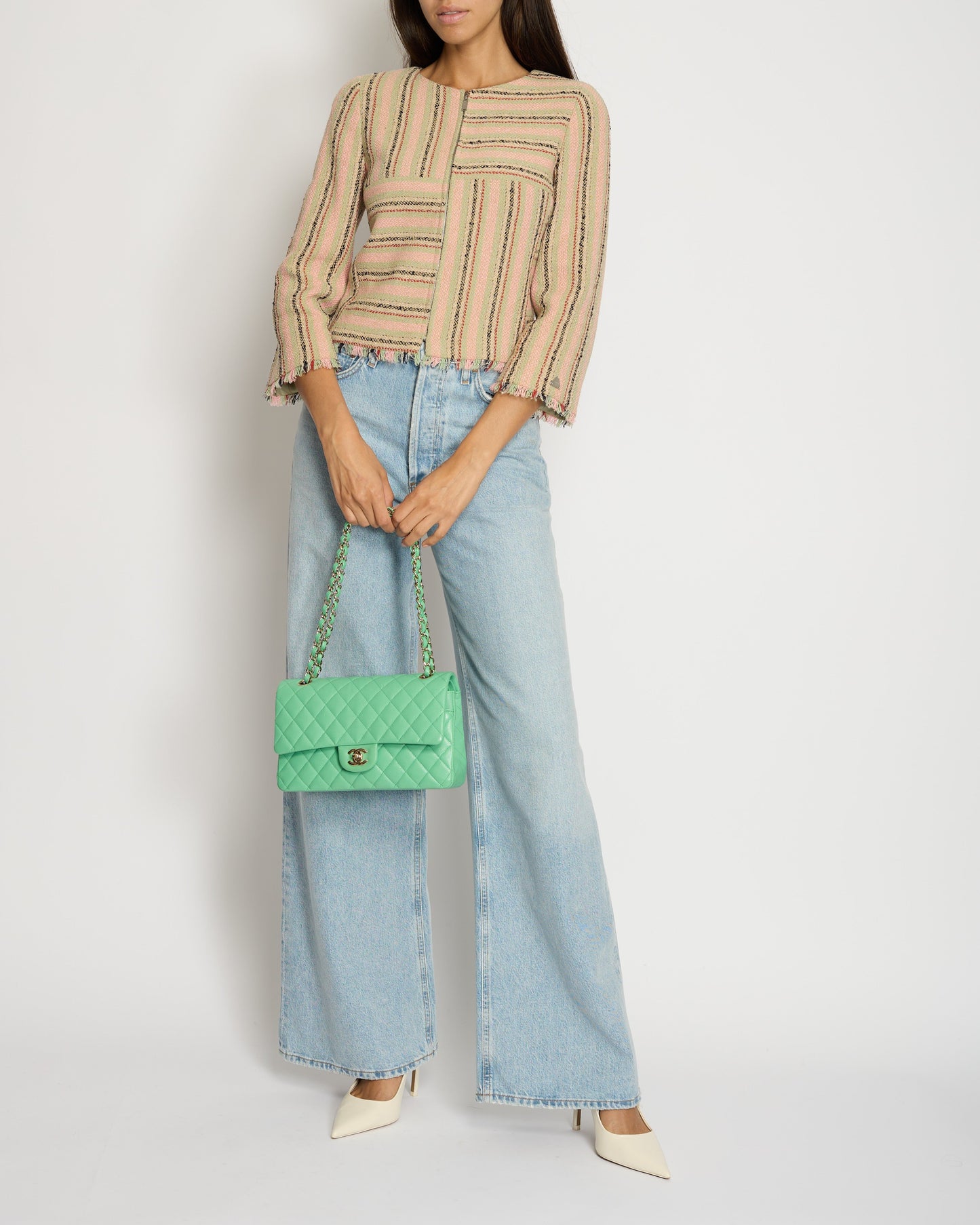 Chanel 00/C   Pink, Green Beige Round Neck Long Sleeve Striped Jacket FR 34 (UK 6)