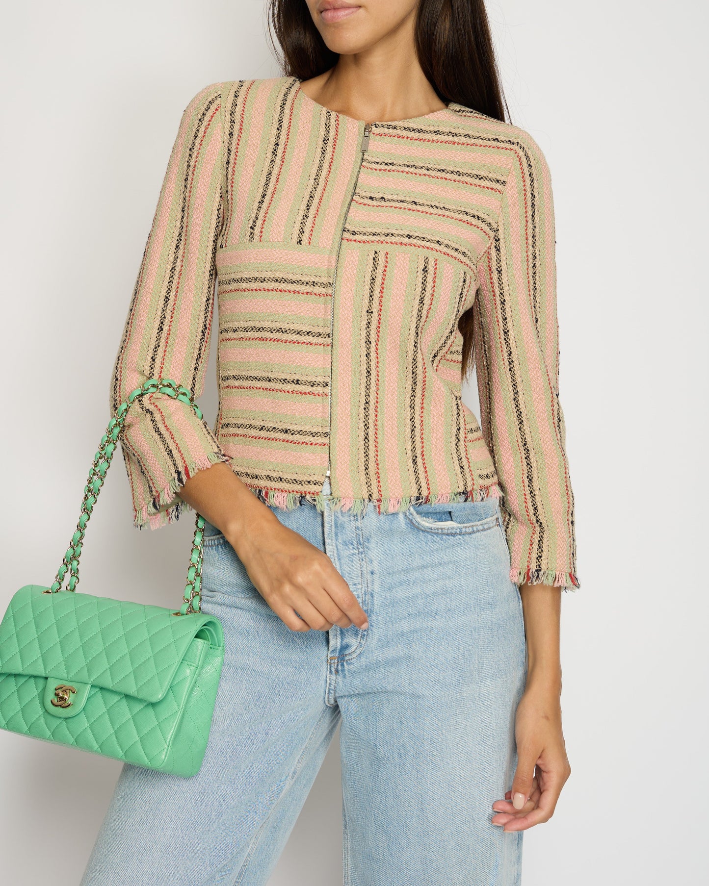 Chanel 00/C   Pink, Green Beige Round Neck Long Sleeve Striped Jacket FR 34 (UK 6)