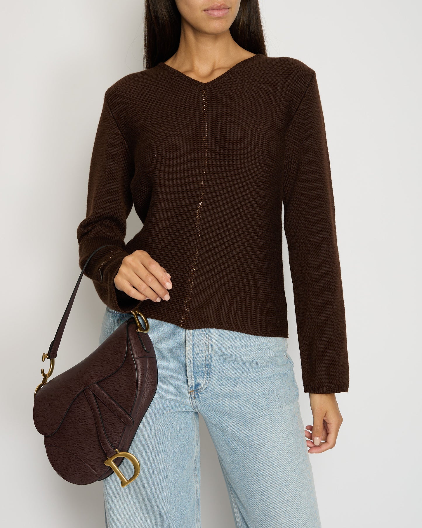 Chanel 99/A Brown V Neck Knitted Jumper With Gold Stitch Detail Fr 38 (Uk 10) Bag