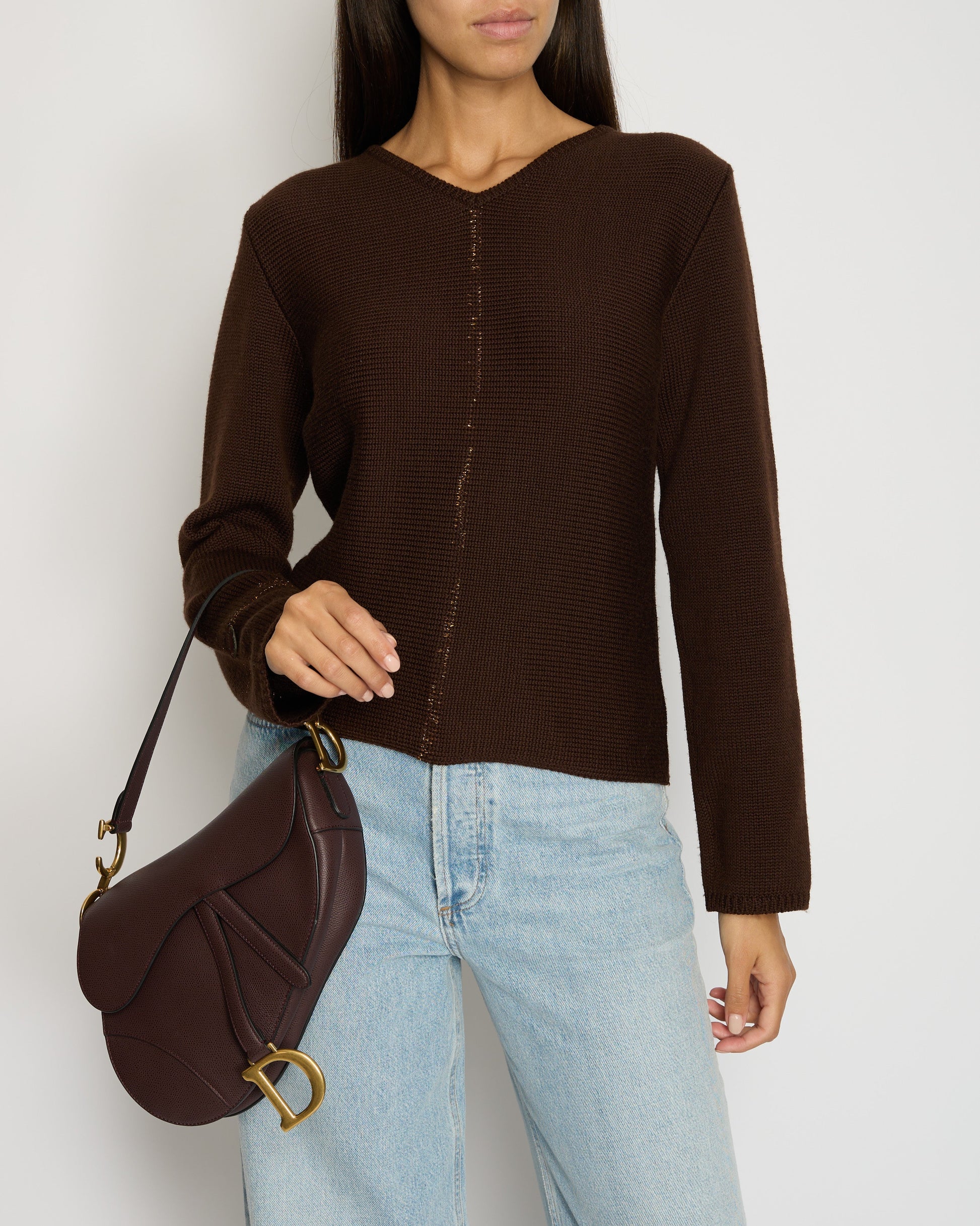 Chanel 99/a Brown V Neck Knitted Jumper with Gold Stitch Detail Fr 38 (uk 10) Handbag