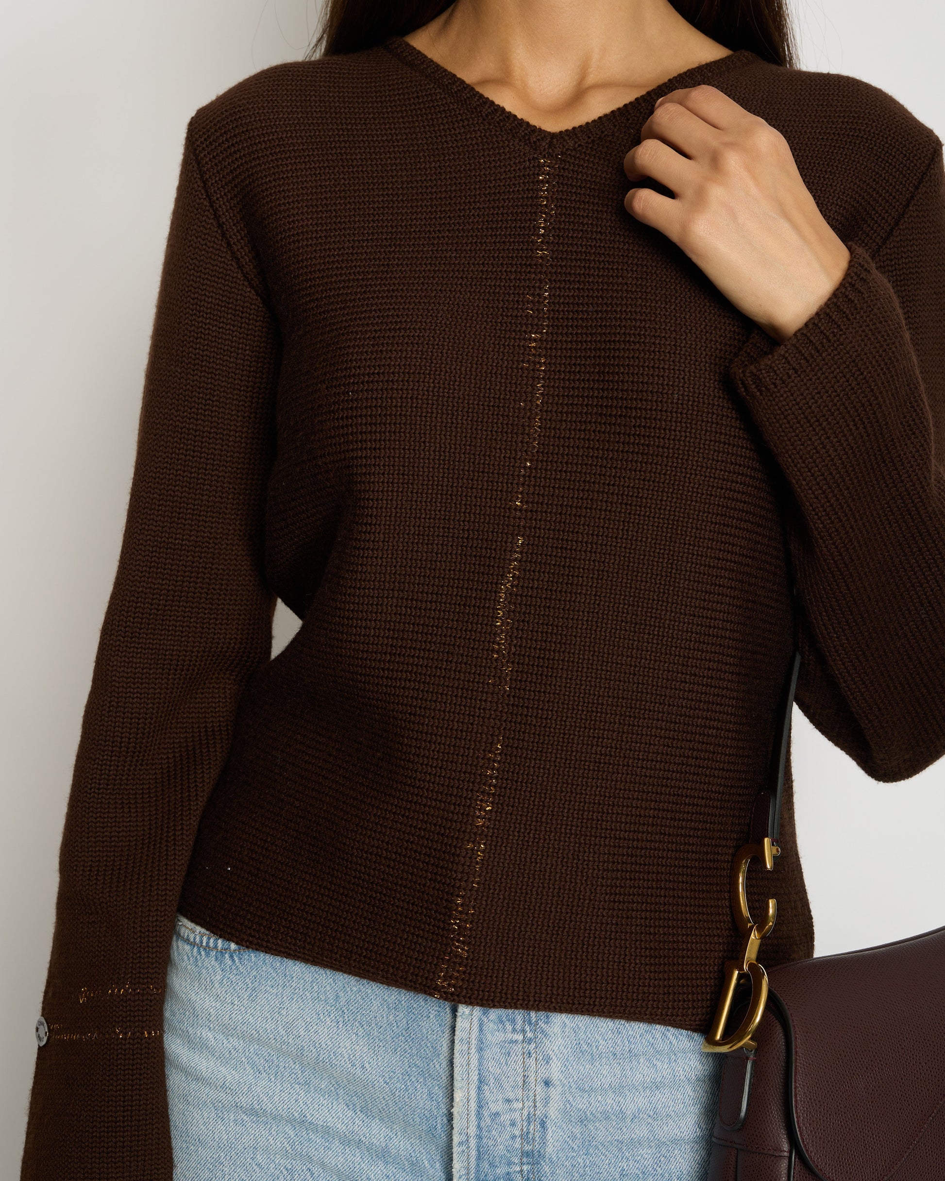 Chanel 99/a Brown V Neck Knitted Jumper with Gold Stitch Detail Fr 38 (uk 10) Handbag