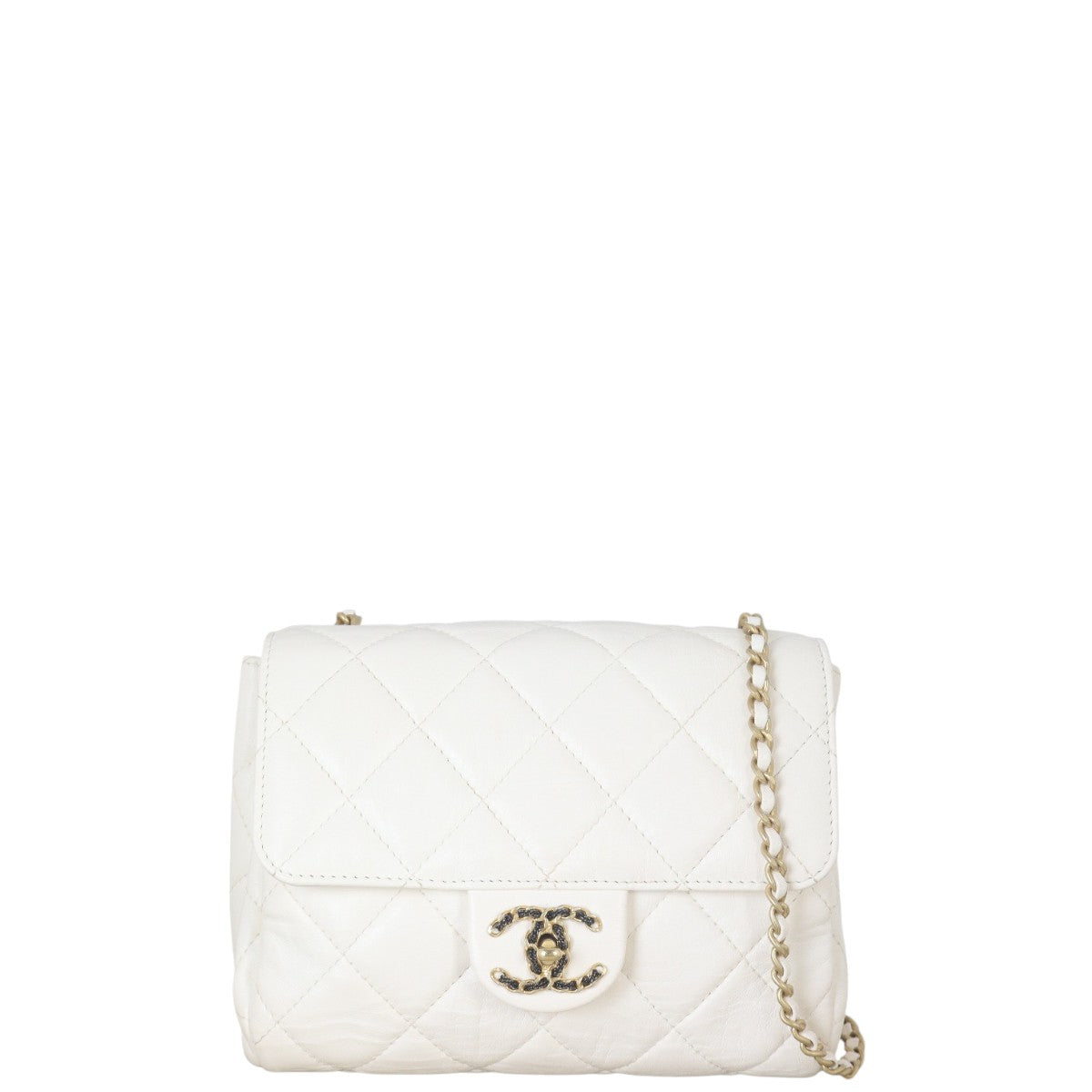 Chanel CC Square Flap Accordion Handbag Quilted White Crossbody Bag