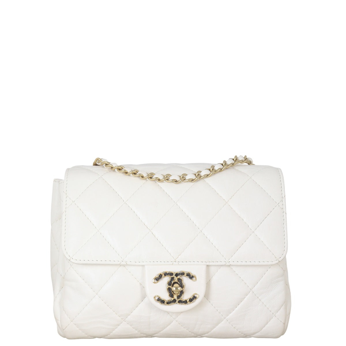 Chanel CC Square Flap Accordion Handbag Quilted White Crossbody Bag