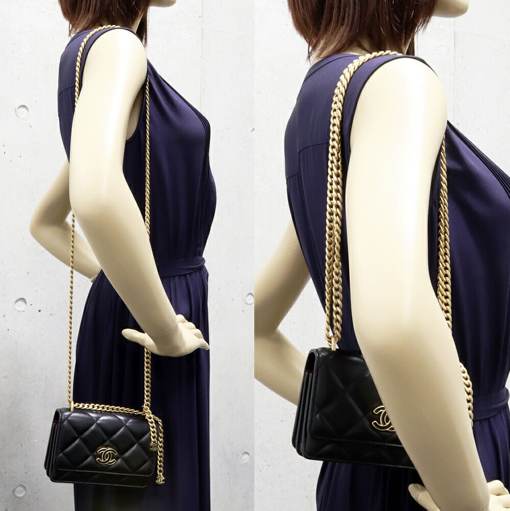 Chanel Lambskin Chain Wallet Black   Gold