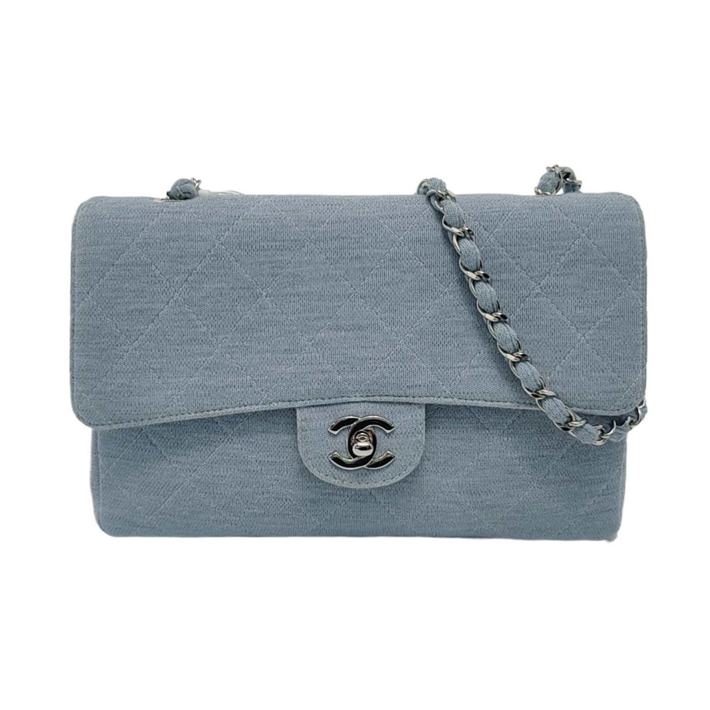 Chanel Classic Flap Sky Cotton Fabric Hardware Blue Silver Handbag
