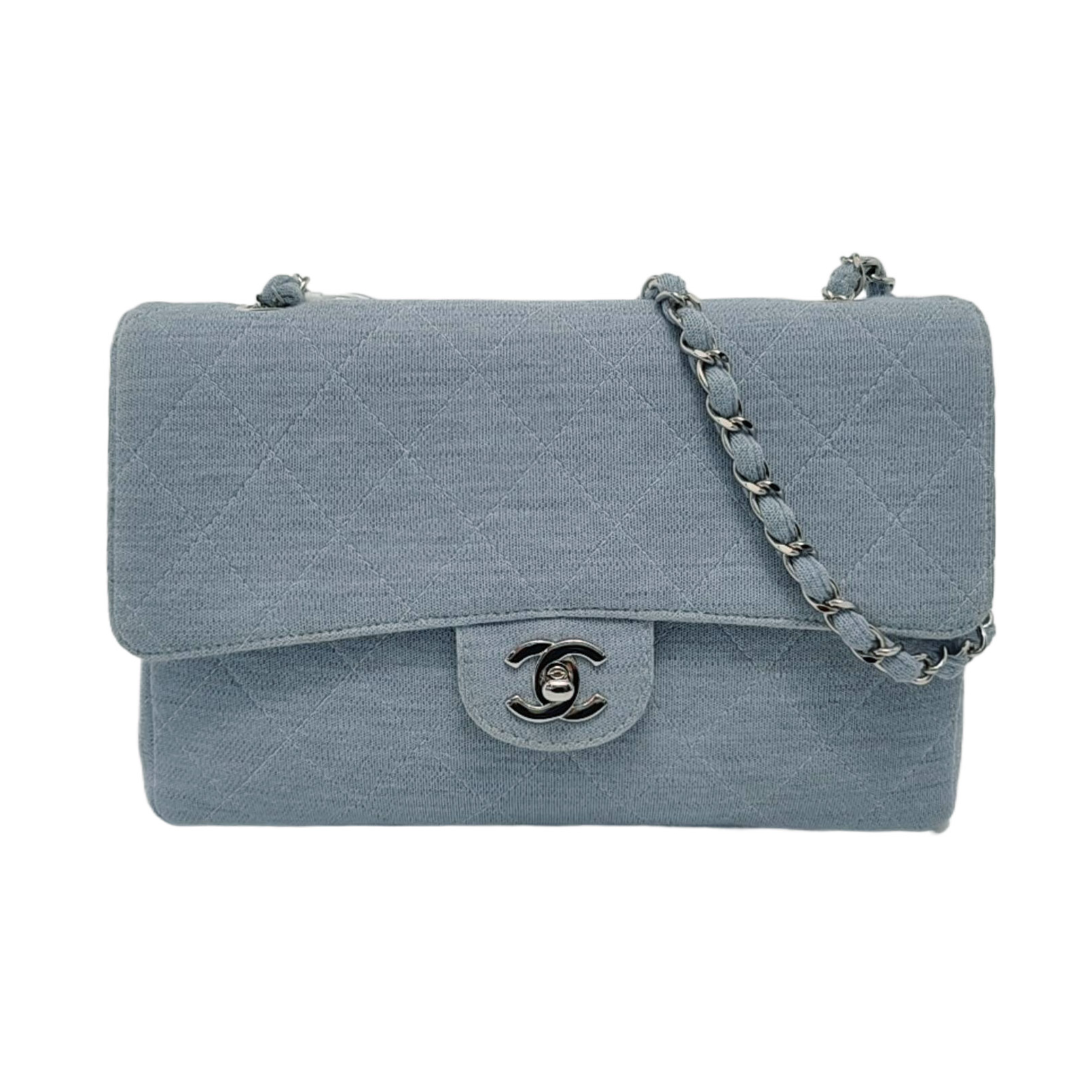 Chanel Classic Flap Sky Cotton Fabric Hardware Blue Silver Handbag