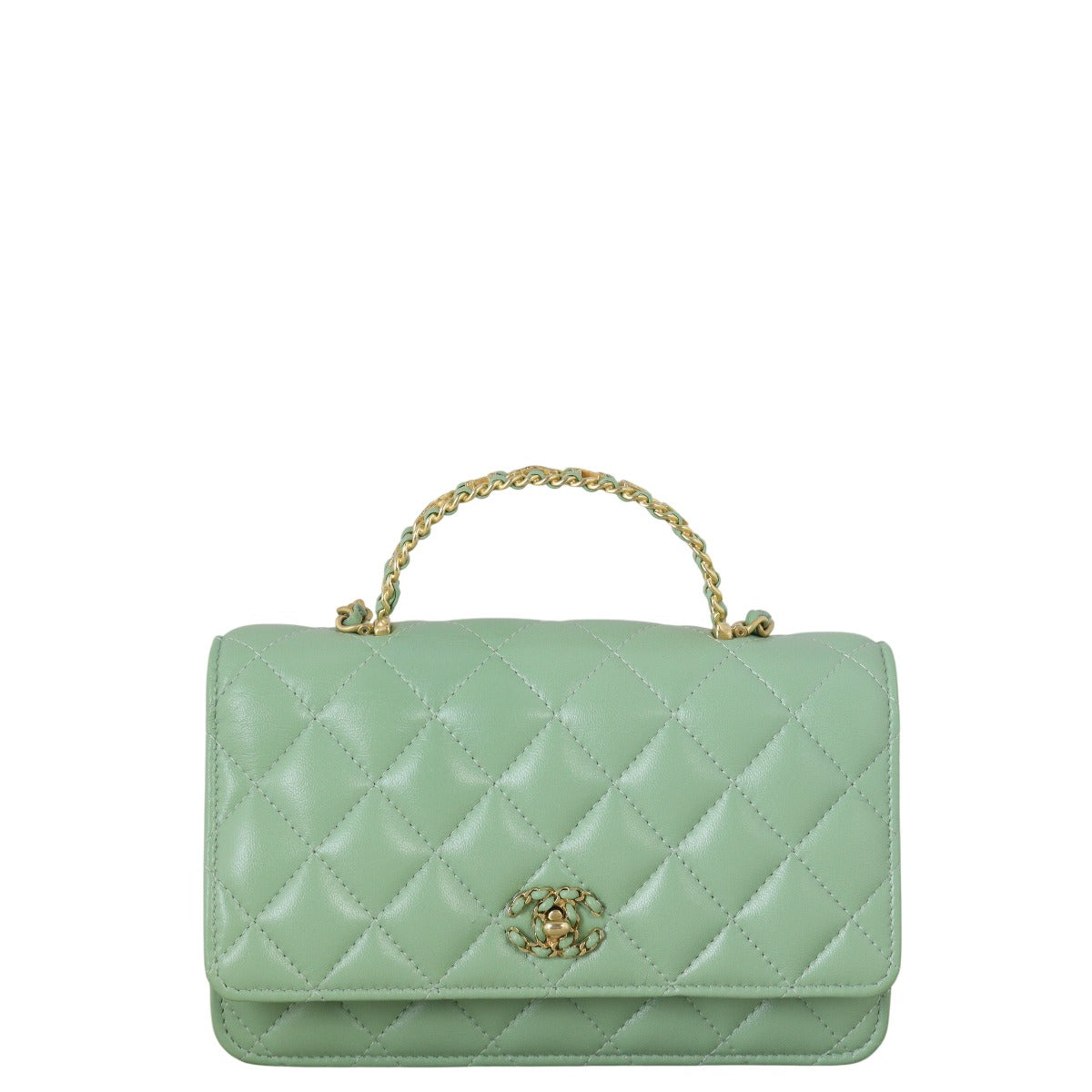 Chanel Logo Top Handle Wallet on Quilted Green Crossbody Bag