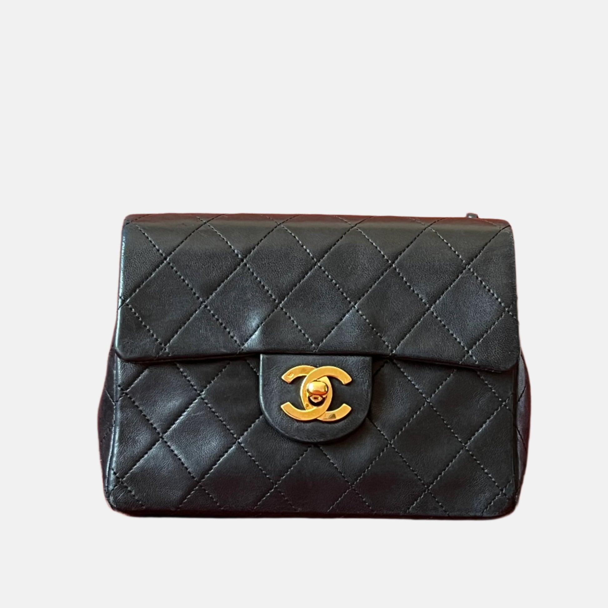 Chanel Classic Flap Square Lambskin 24k HW Black Gold Mini Bag