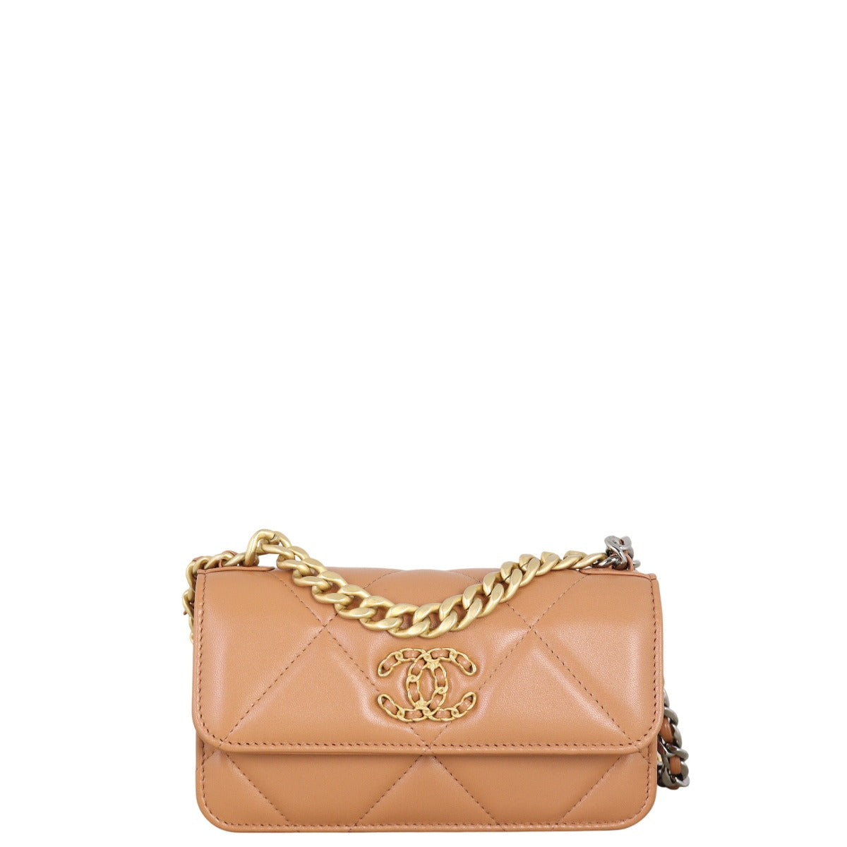 Chanel 19 Phone Holder on Handbag Brown Chain Crossbody Bag