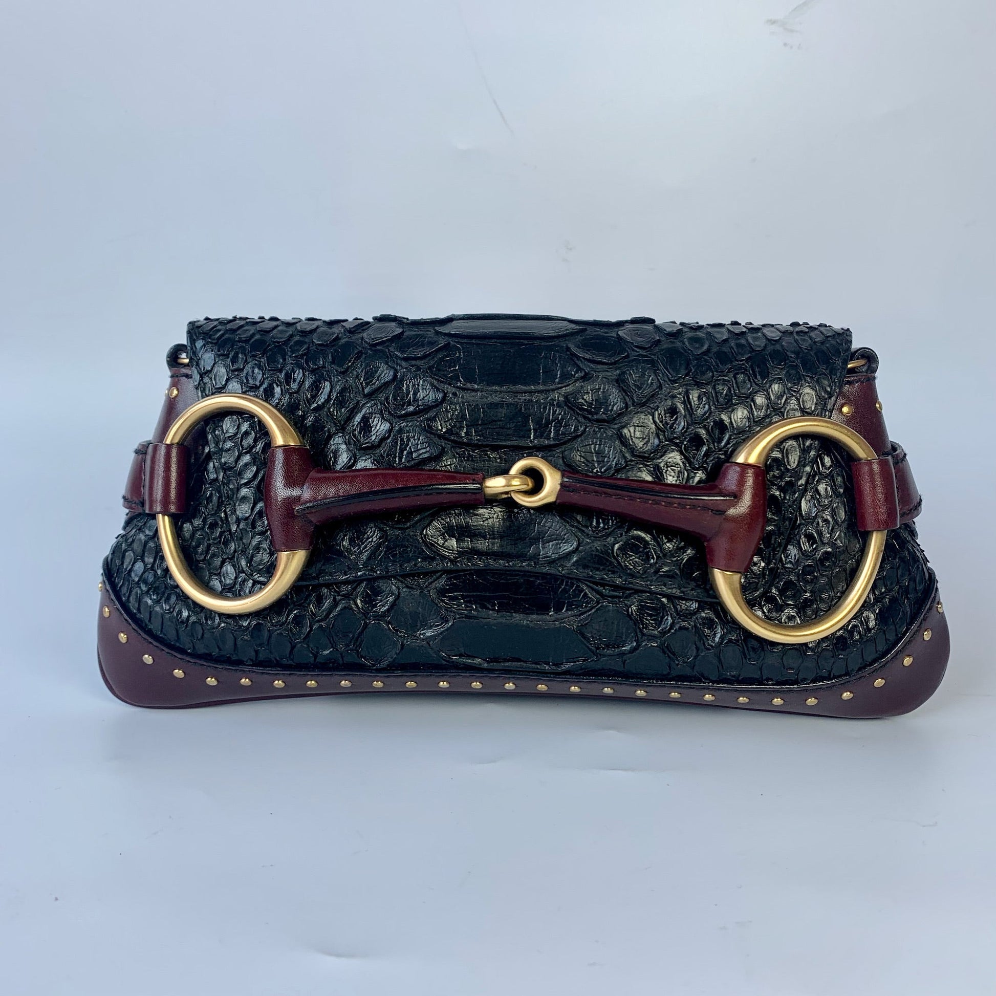 Gucci Horsebit Skin Burgundy based Hardware Leather Crocodile Black Gold Handbag