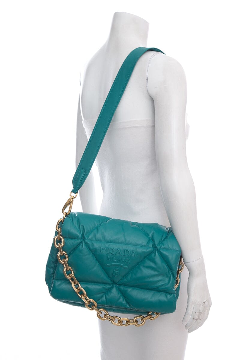 Prada Teal Puffed Patchwork Handbag With Strap Leather Gold Travel Bag