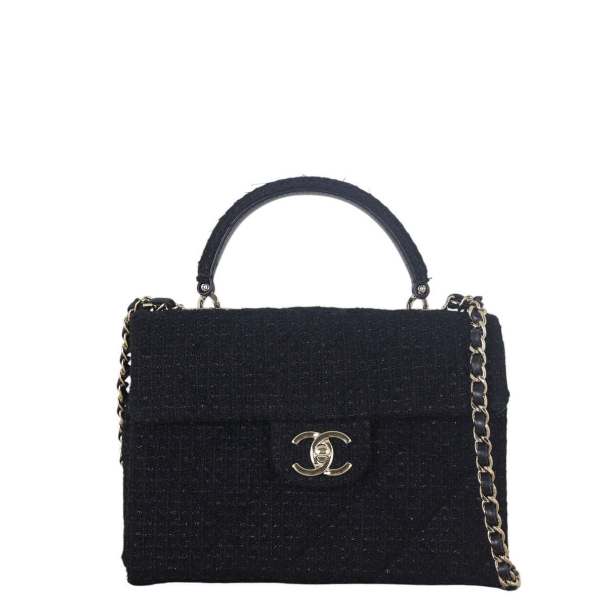 Chanel Top Handle Tweed Black Flap Crossbody Bag