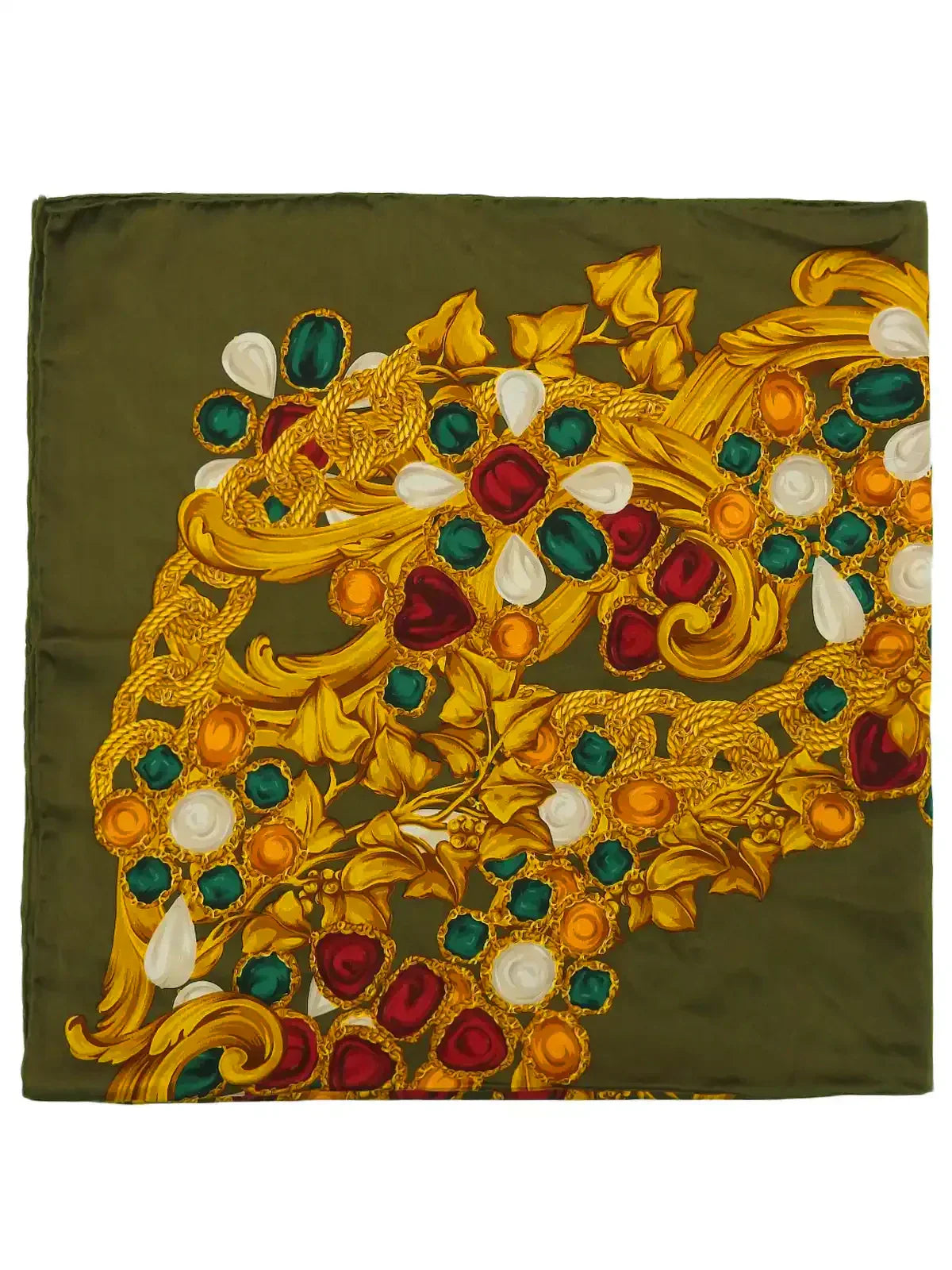 Chanel Cc Mark Gripoix Jewelry Pattern Scarf Khaki/Multi