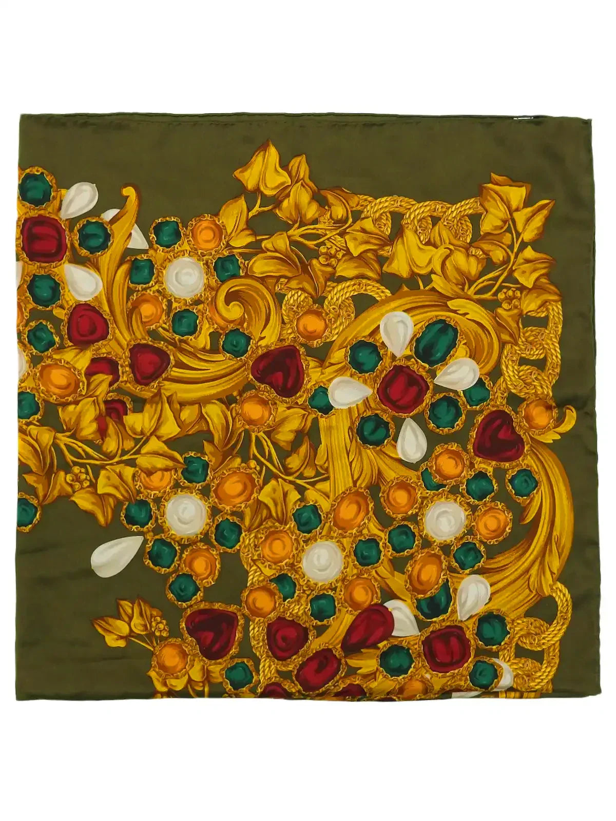 Chanel Cc Mark Gripoix Jewelry Pattern Scarf Khaki/Multi
