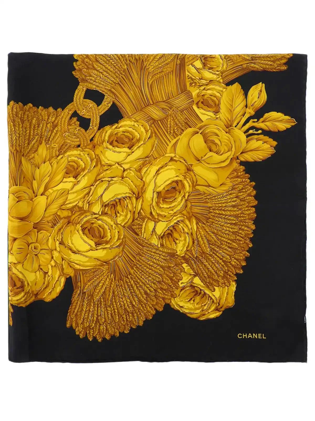 Chanel Camellia Cc Mark Chain Pattern Scarf Black