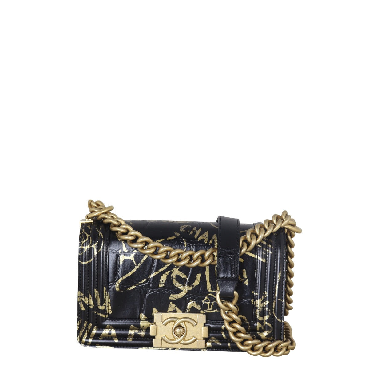 Chanel Boy Croc Embossed Graffiti Handbag Black Small Shoulder Bag