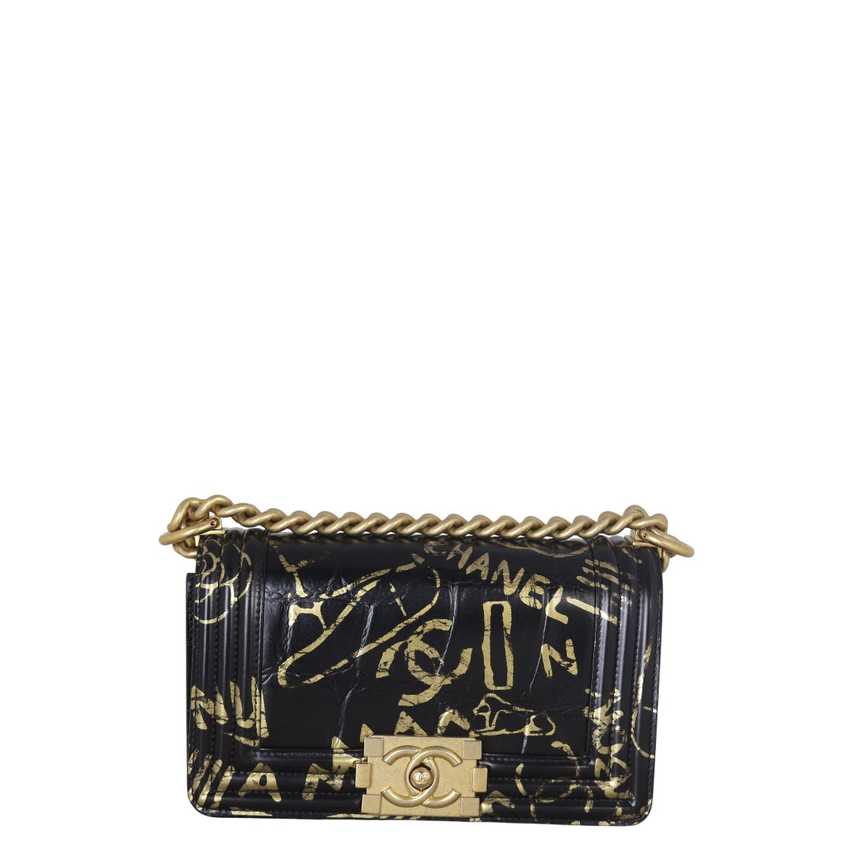 Chanel Boy Croc Embossed Graffiti Handbag Black Small Shoulder Bag