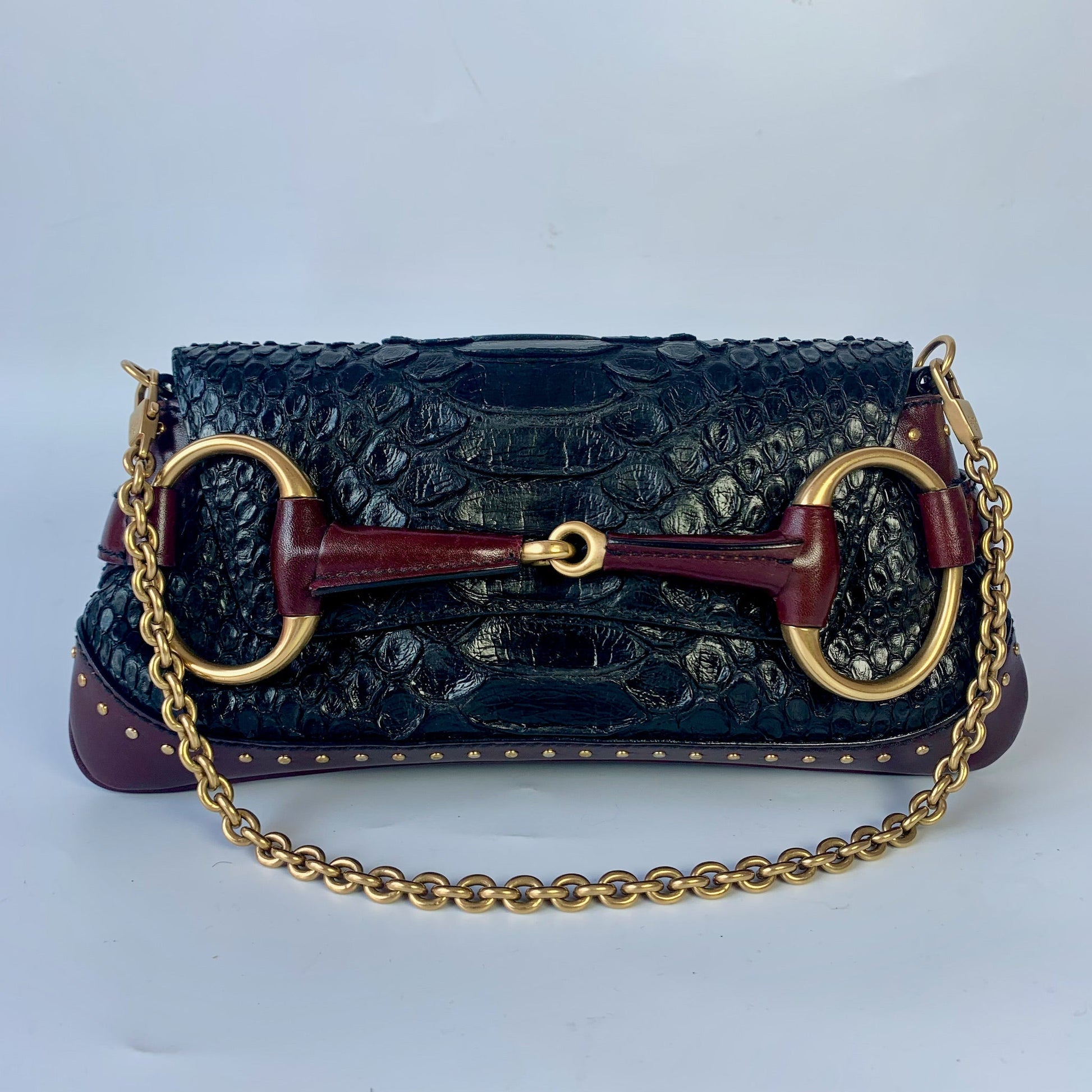 Gucci Horsebit Skin Burgundy based Hardware Leather Crocodile Black Gold Handbag