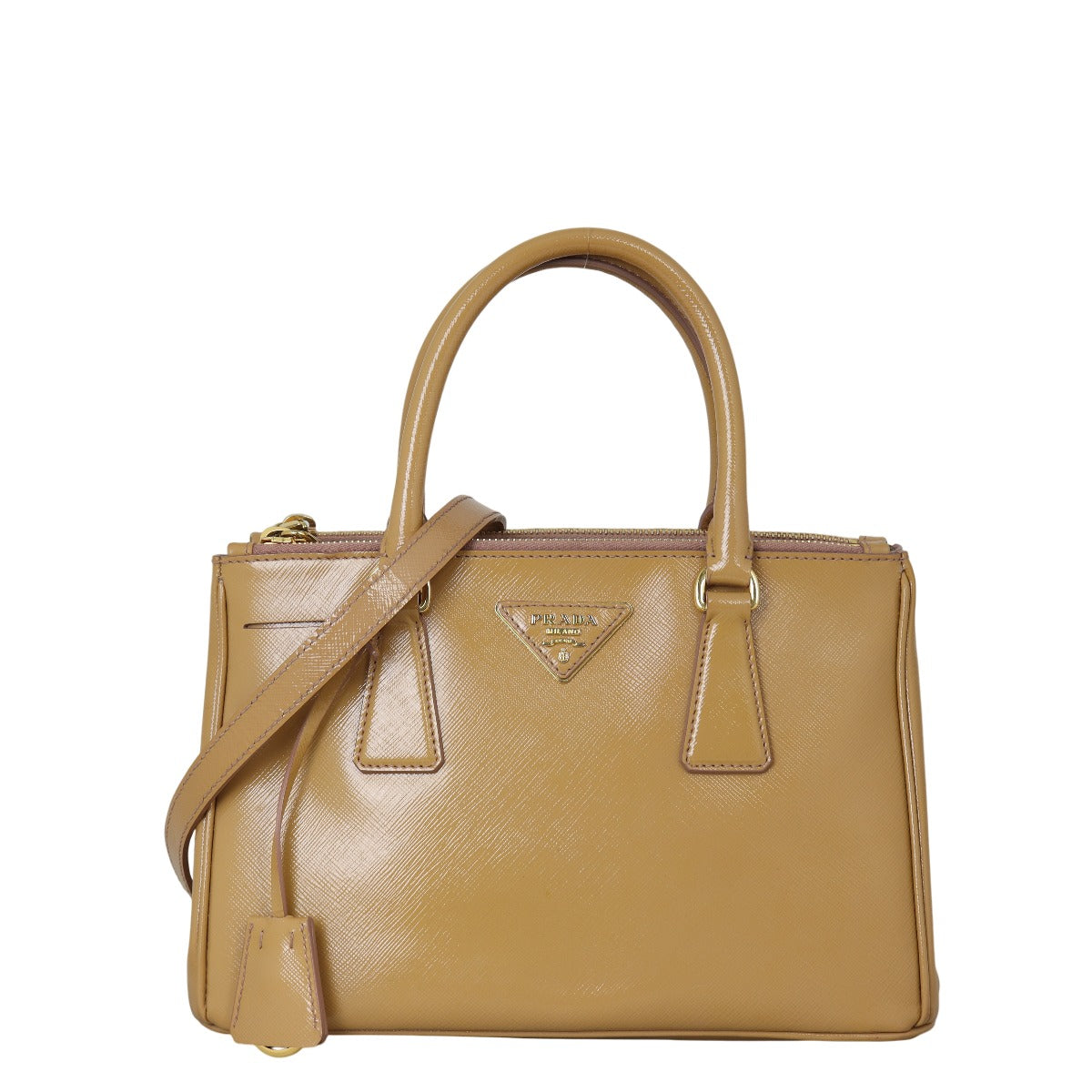 Prada Tote Bag Vernice Galleria Double Tote Saffiano Brown Yellow Shoulder Bag