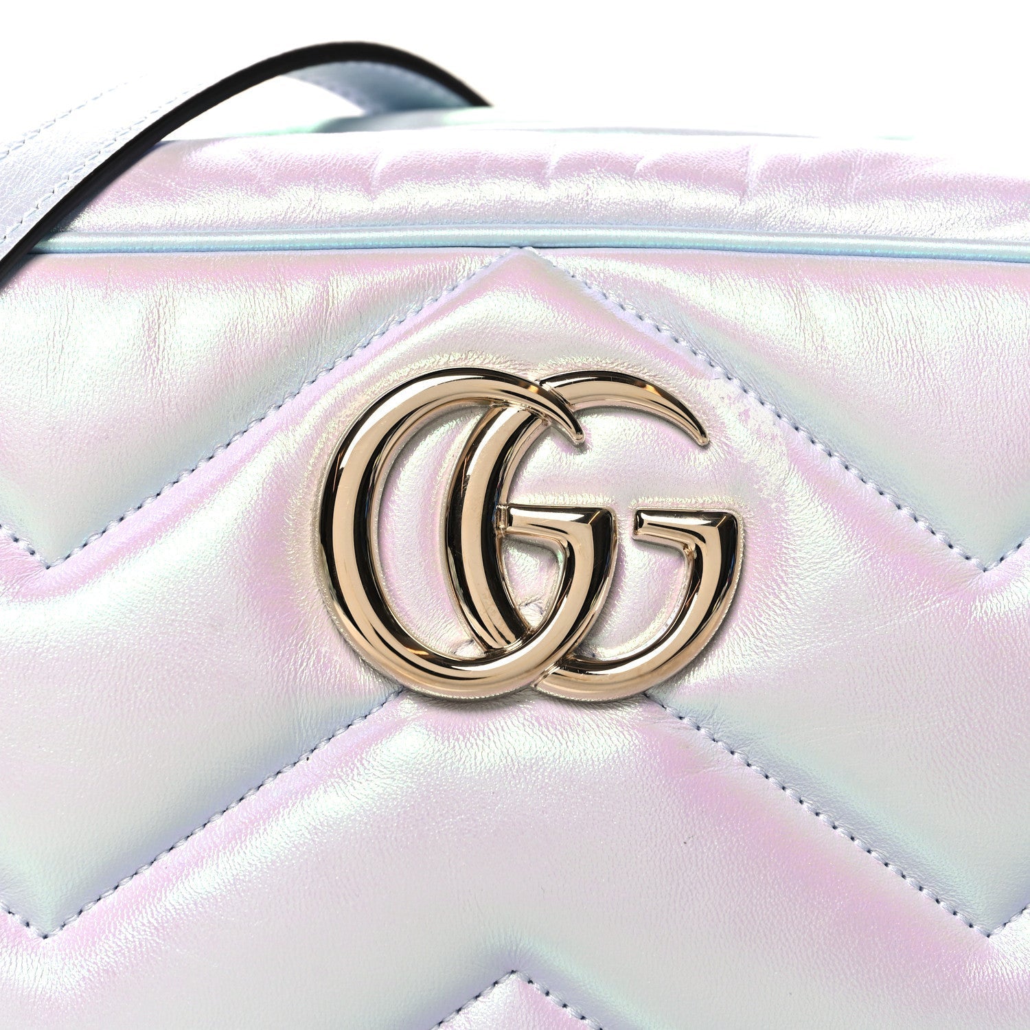 Gucci Iridescent Nappa Chevron Matelasse Small GG Marmont Chain Shoulder Bag Iridescent Snow Light Blue