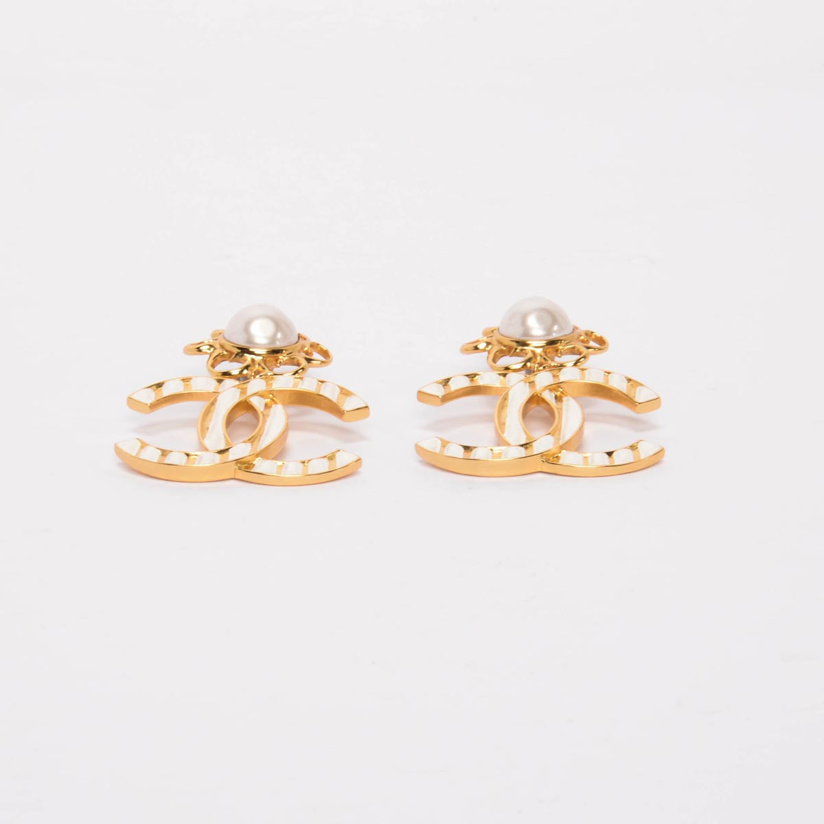 Chanel Gold & White Enamel Striped Cc Xl Earrings