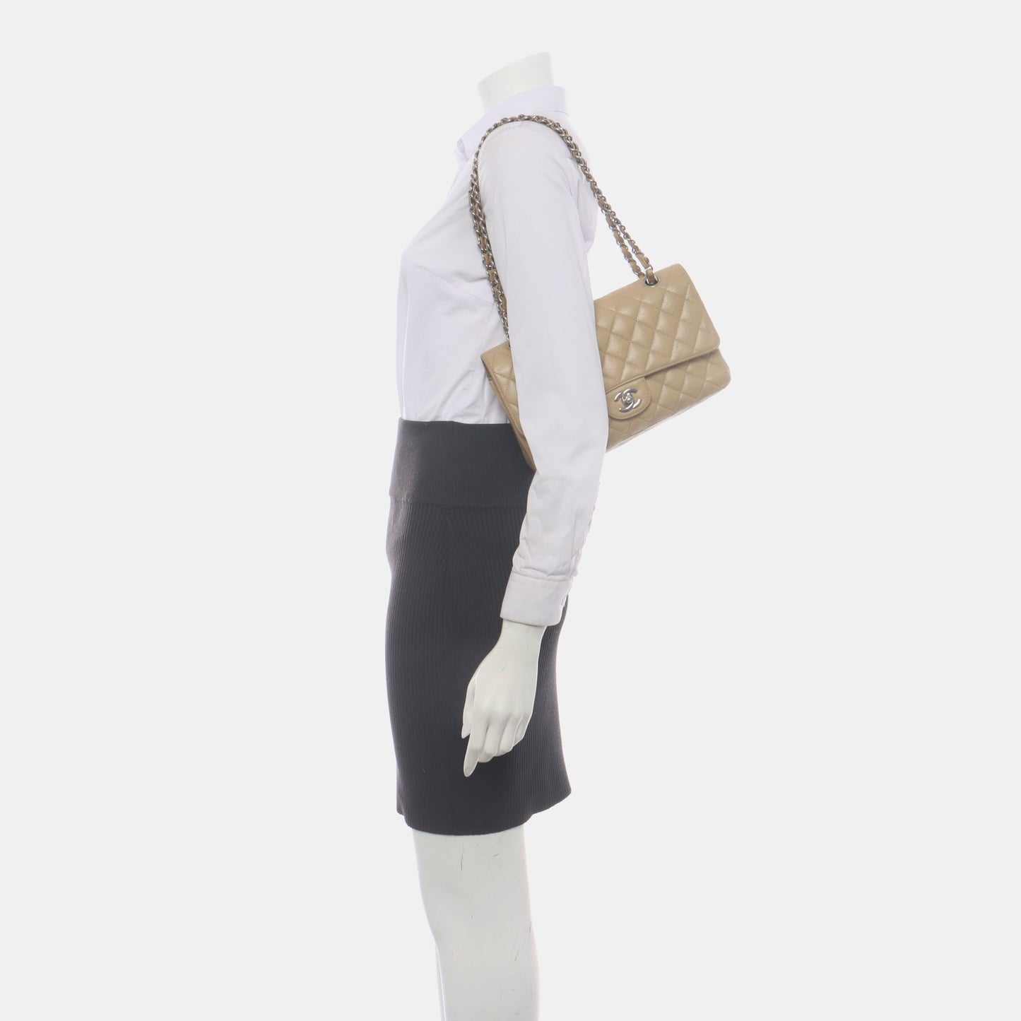 Chanel Timeless Classic Flap Caviar Hardware Silver Beige Leather Handbag