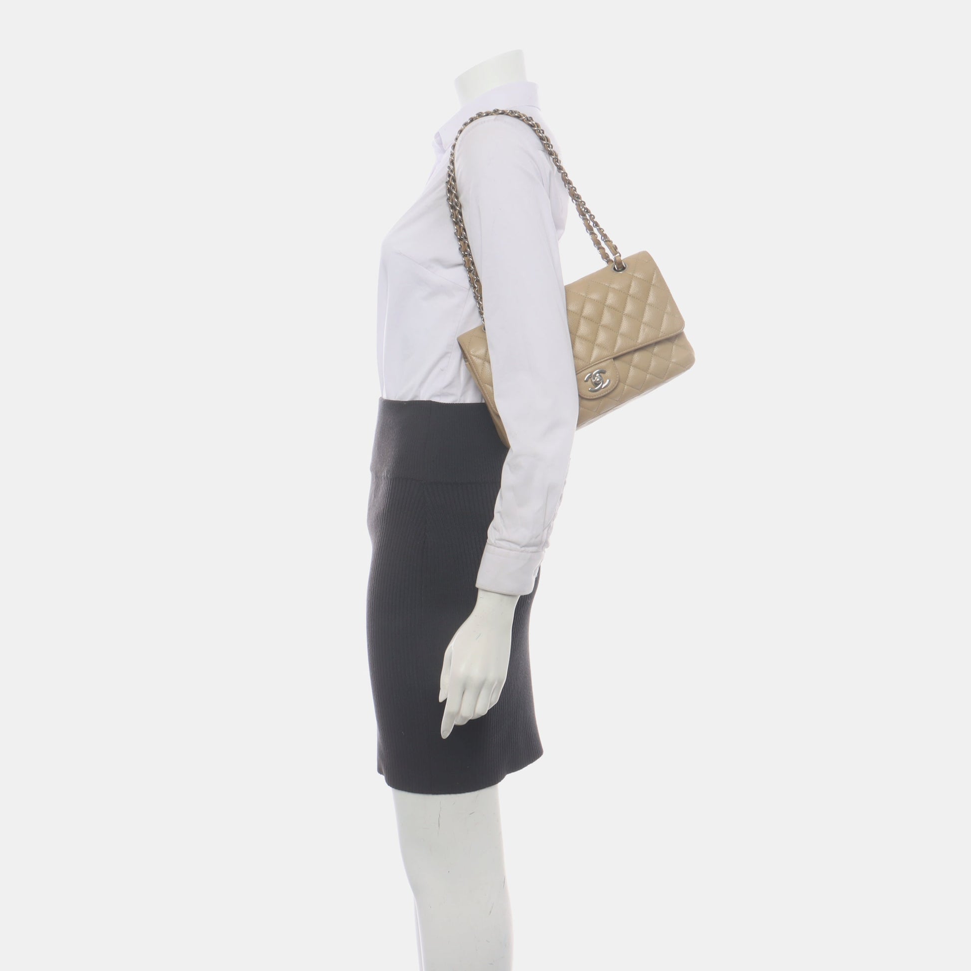 Chanel Timeless Classic Flap Caviar Hardware Silver Beige Leather Handbag