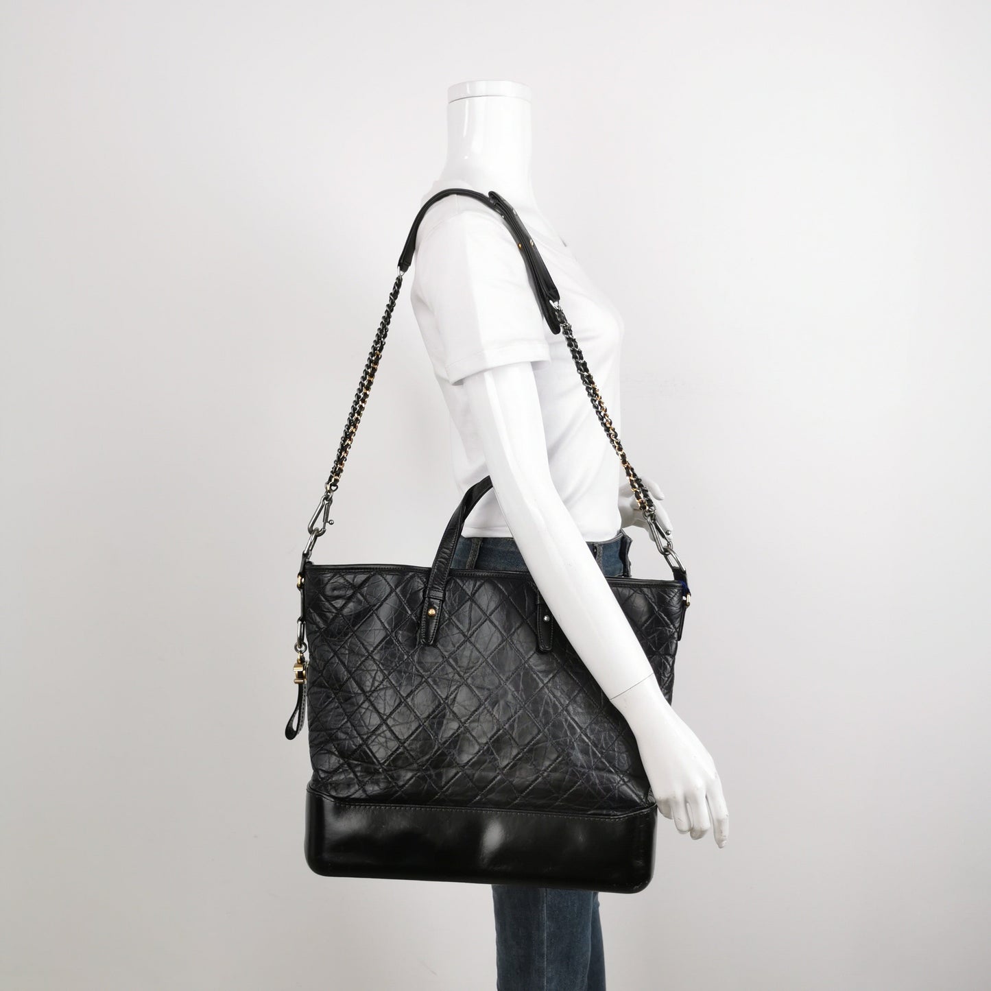 Chanel Gabrielle Crumbled Calfskin Hardware Black Silver Leather Tote Bag