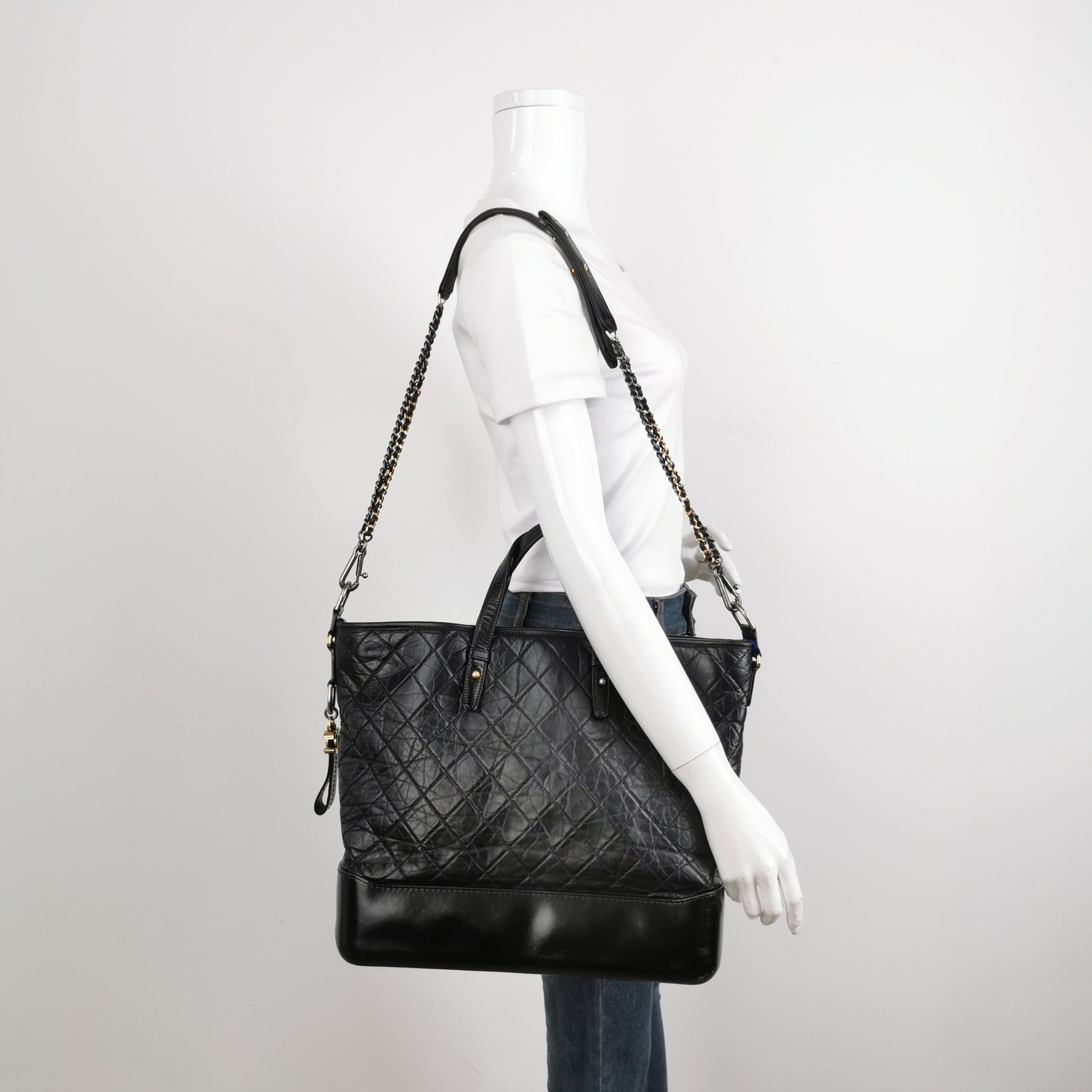 Chanel Gabrielle Crumbled Calfskin Hardware Black Silver Leather Tote Bag