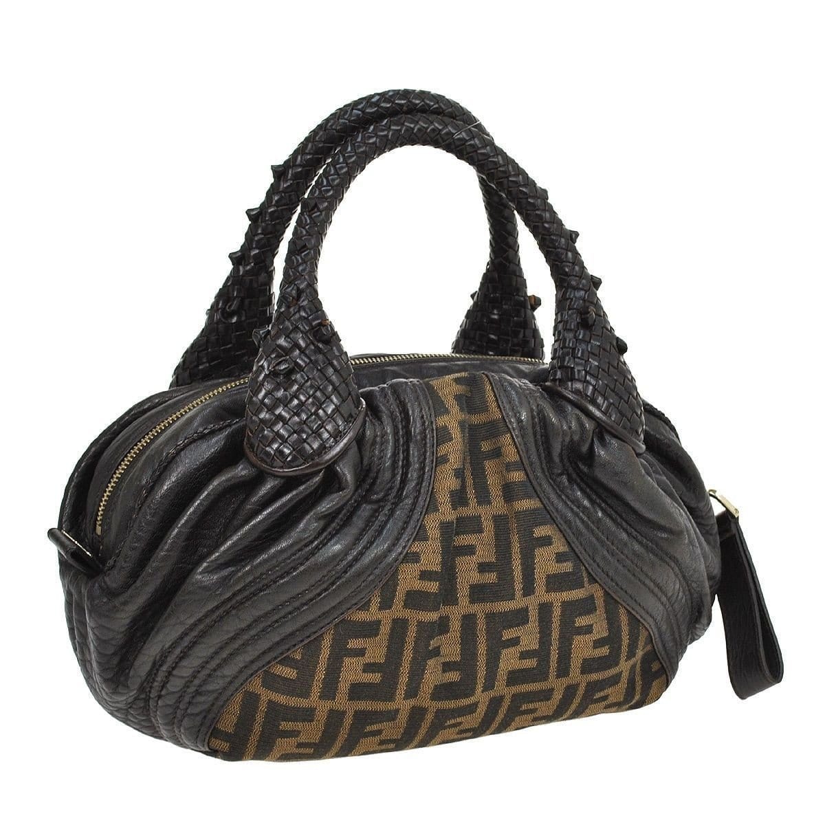Fendi Zucca Pattern Handbag Leather Nylon Brown Satchel Bag