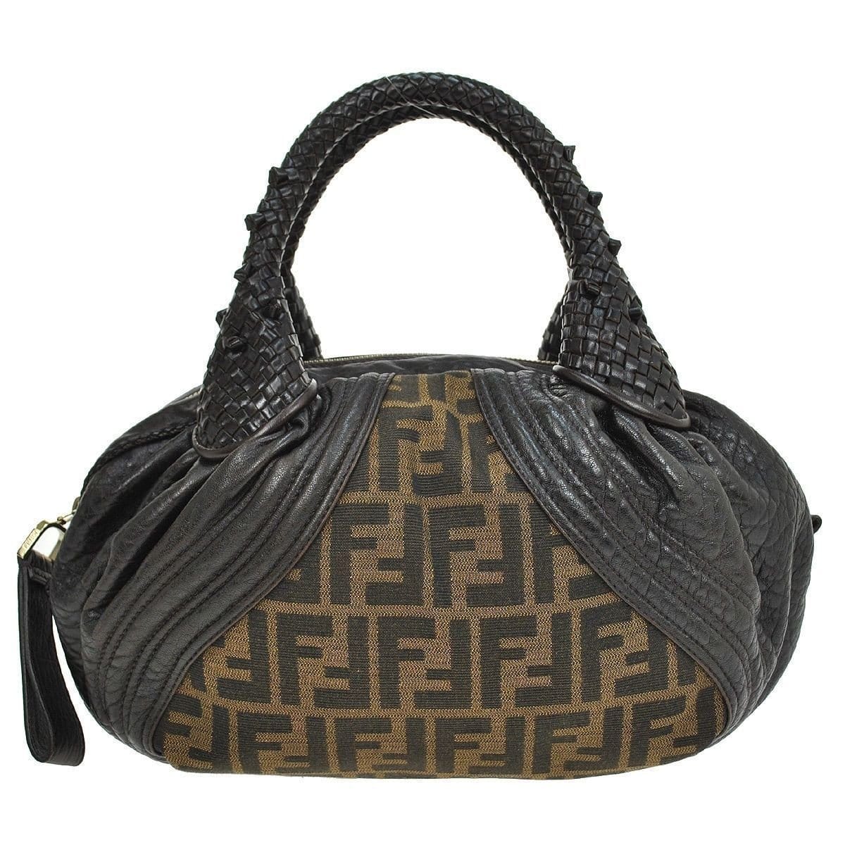 Fendi Zucca Pattern Handbag Leather Nylon Brown Satchel Bag