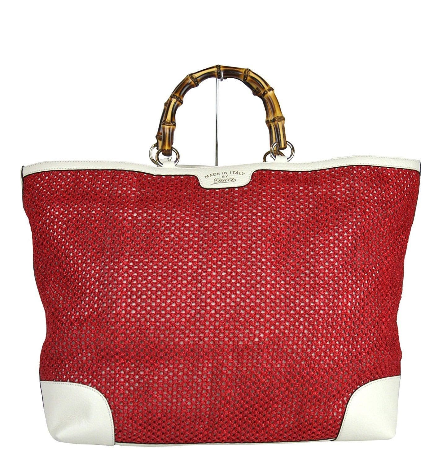 Gucci Straw Bamboo Handle Shopper Tote Trim Final Red Large Tote Bag