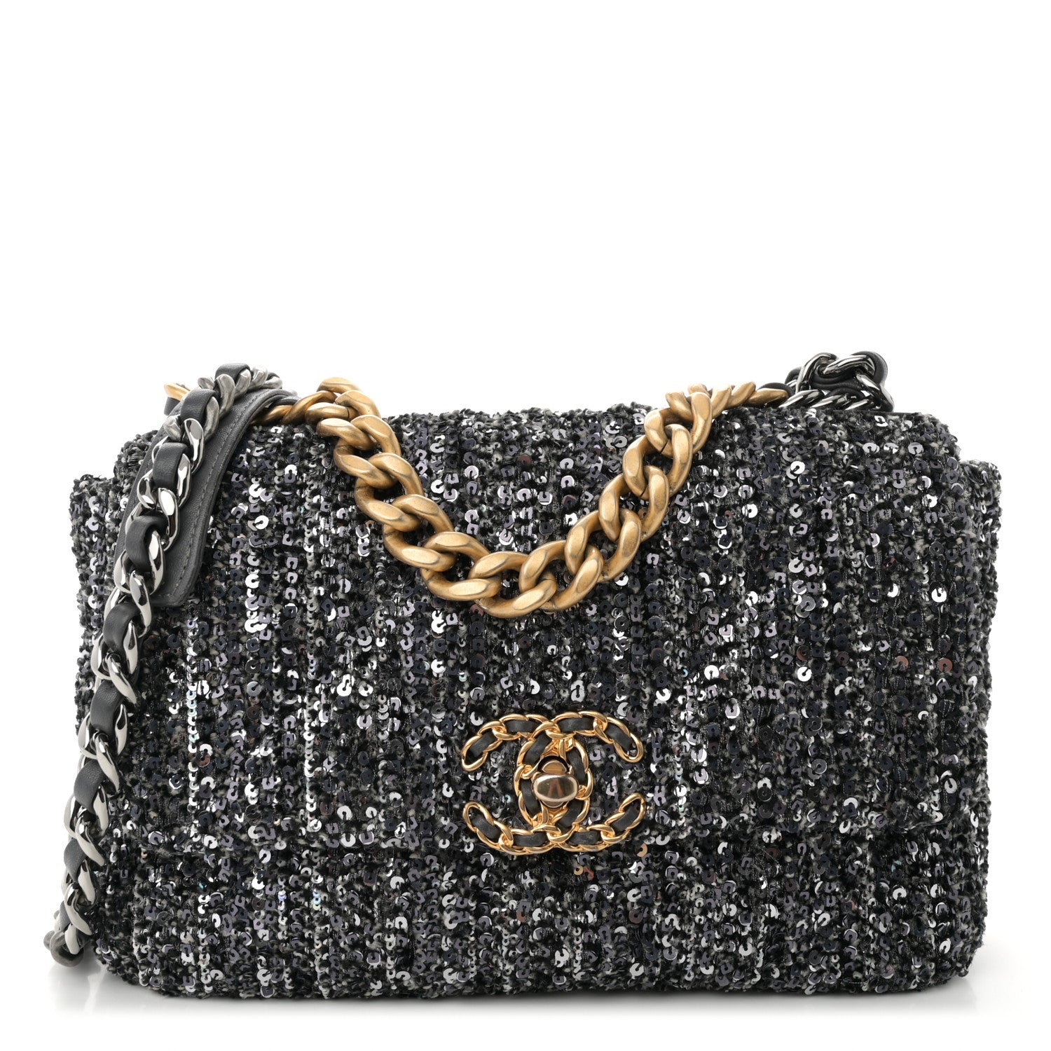 Chanel Tweed Sequin Quilted Medium 19 Flap Black Multicolor Handbag