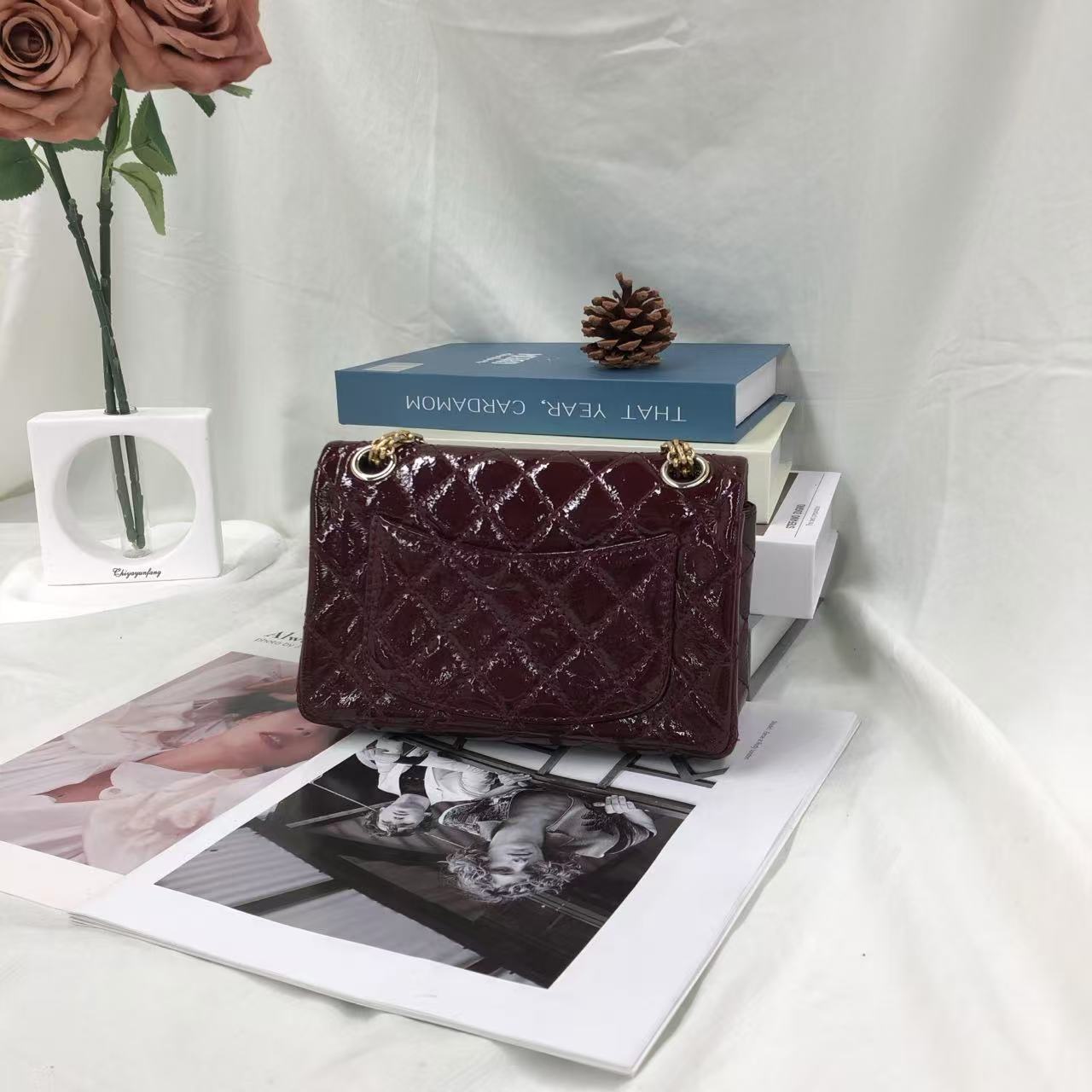 Chanel 2.55 Reissue Quilted Burgundy Patent Double Gold Leather Mini Bag