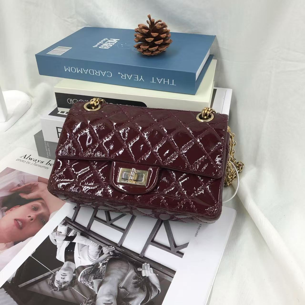 Chanel 2.55 Reissue Quilted Burgundy Patent Double Gold Leather Mini Bag