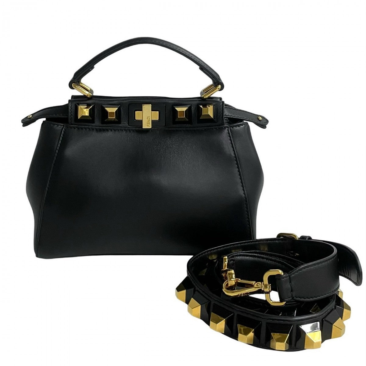 Fendi Shoulder Bag 8Bn244Ï ½E9Dt Calf Edition Studs Peacock Leather Calf Leather Black