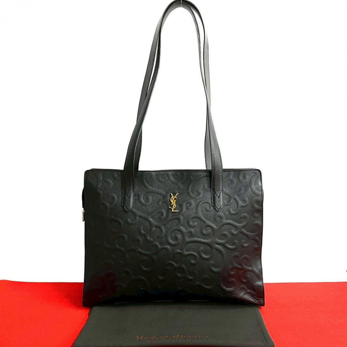 YSL Saint Laurent Tote Bag Arabesque Pattern Women Unisex Leather Black Logo