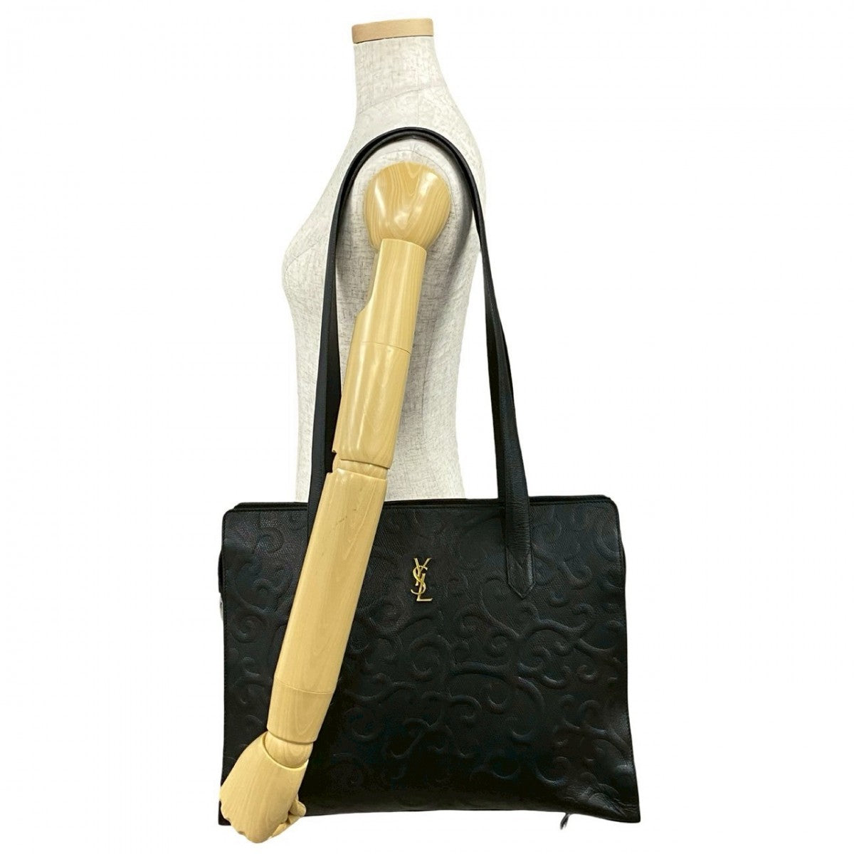 YSL Saint Laurent Tote Bag Arabesque Pattern Women Unisex Leather Black Logo