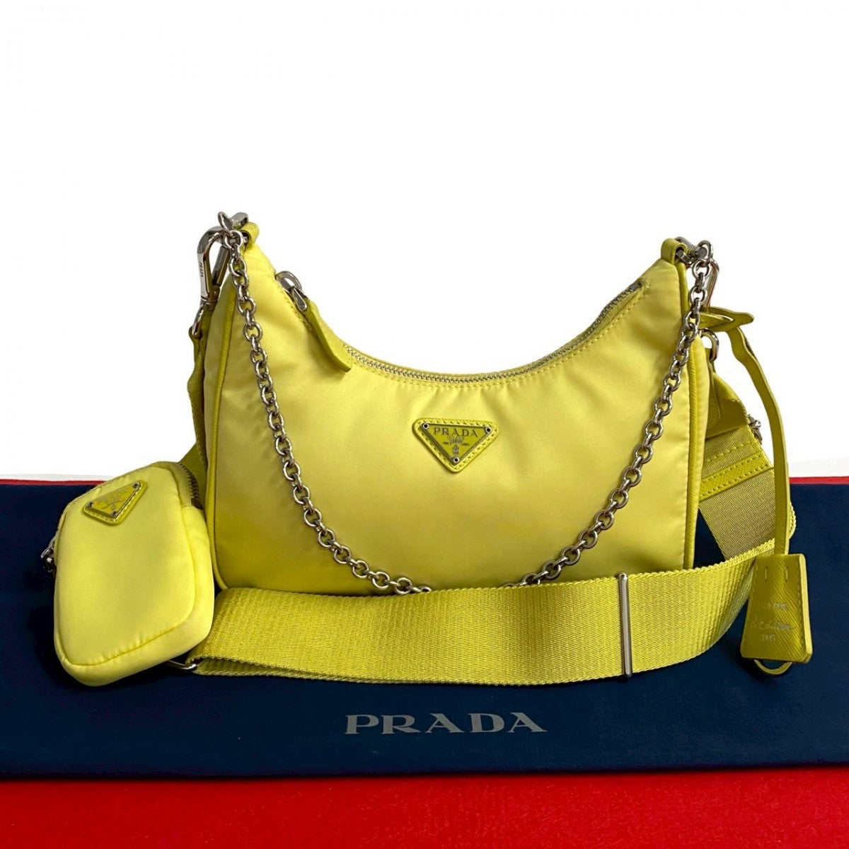 Shoulder Bag , Yellow Triangle Metal Re Leather Nylon