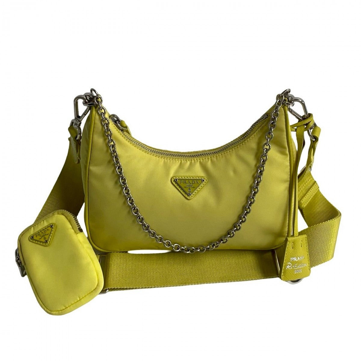 Shoulder Bag , Yellow Triangle Metal Re Leather Nylon