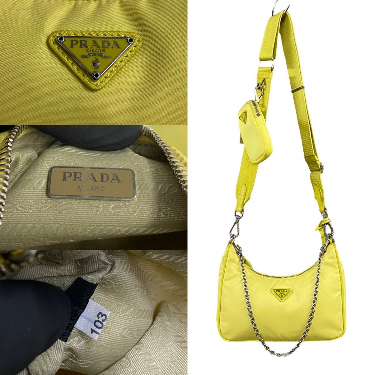 Shoulder Bag , Yellow Triangle Metal Re Leather Nylon