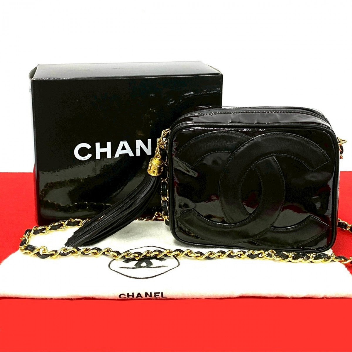 Chanel Lambskin Patent COCO Mark Tassel Black Leather Shoulder Bag