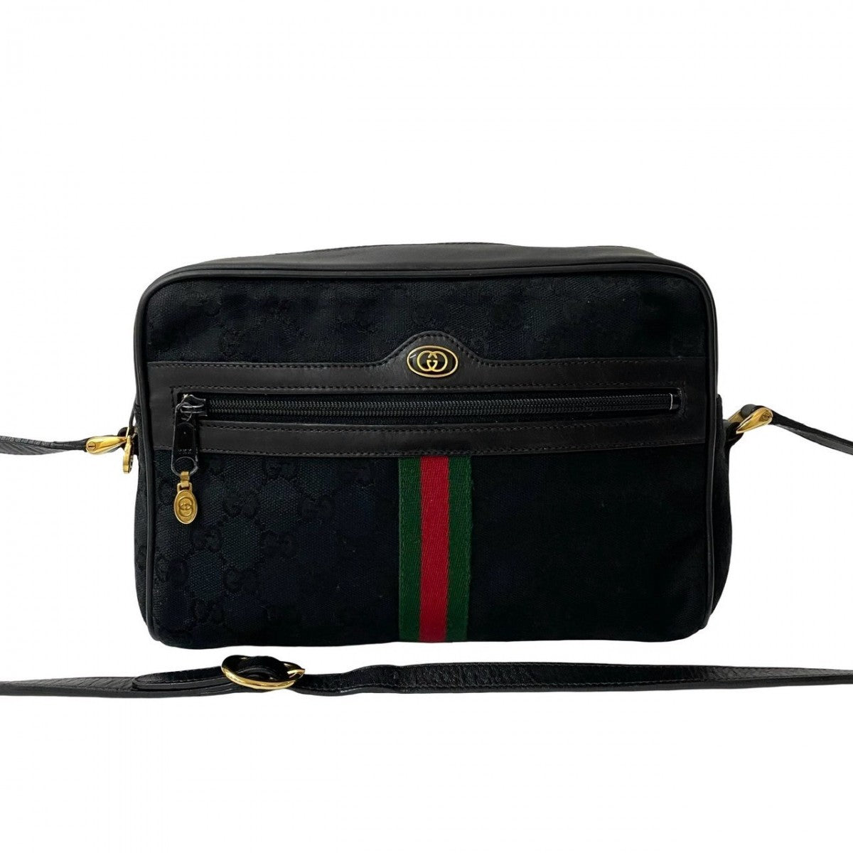 Gucci GG Metal Sherry line Leather Canvas Black Logo Shoulder Bag