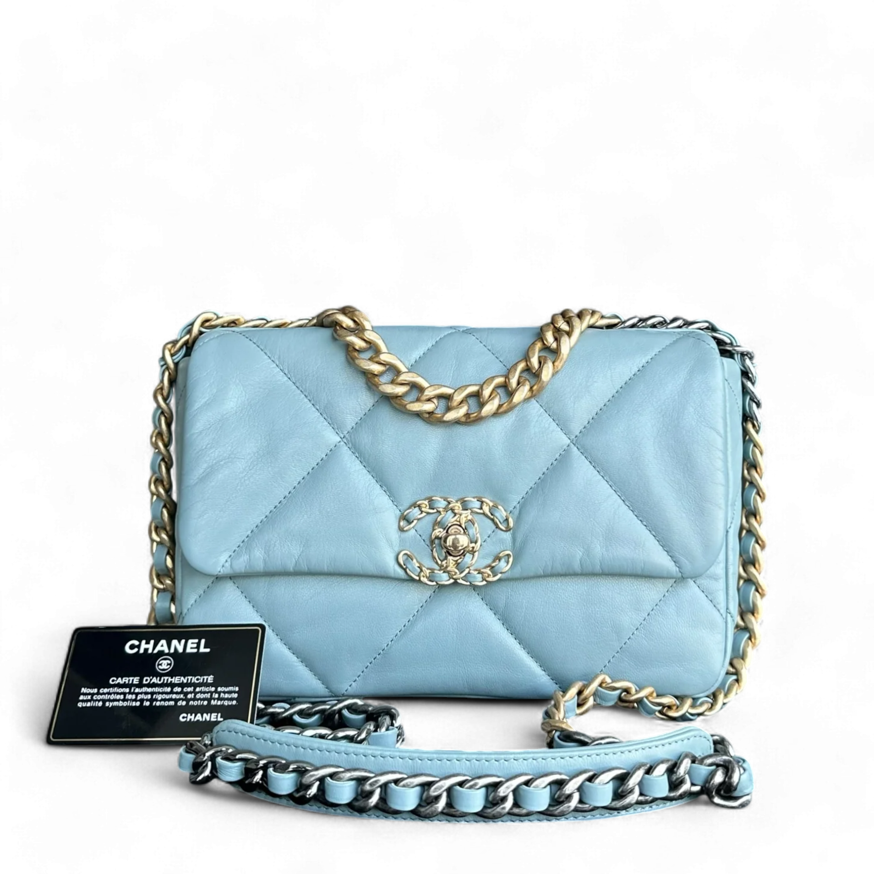 Chanel 19 Bag Goatskin Light Two-Tone Hardware Series Quilted Blue Handbag
