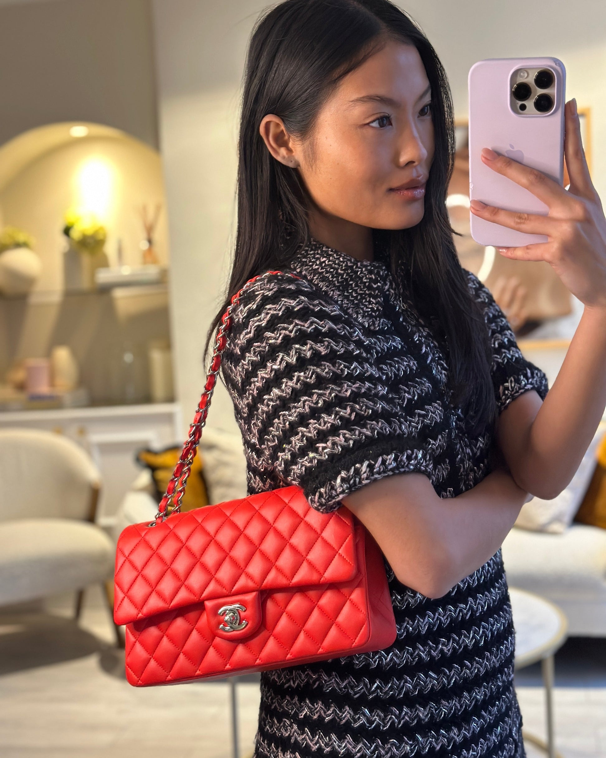 Chanel Scarlet Red Medium Classic Double Flap Bag In Lambskin Leather With Silver Hardware